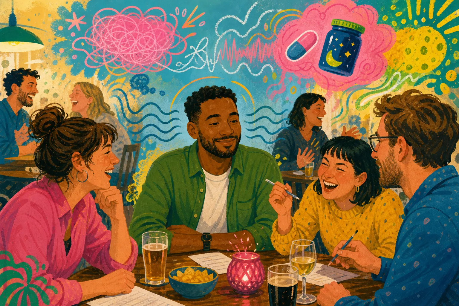 Illustration of adults enjoying a busy quiz night while one man feels calm rather than overstimulated.