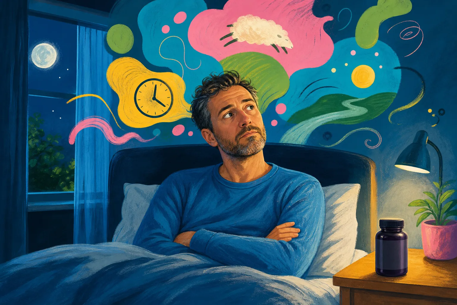 Hand-drawn illustration of an adult man awake in bed, thinking about sleep and an unexpected supplement result.