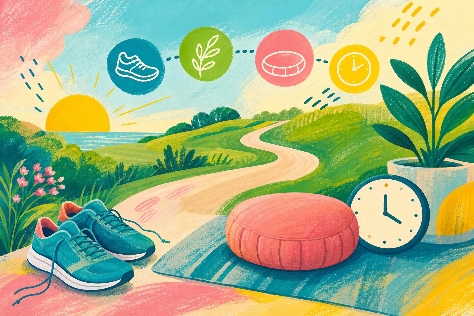 Symbolic illustration of walking, meditation and repeatable routines for a calmer day.