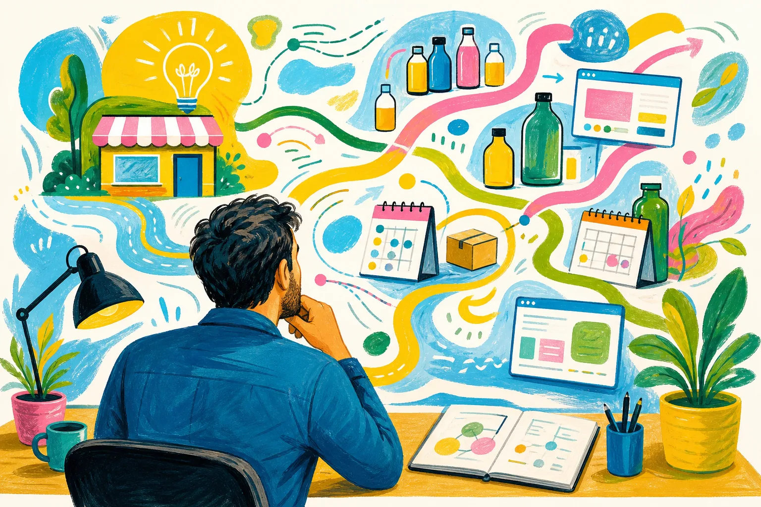 Adult man looking at a colourful visual map of the many tasks involved in starting a business.