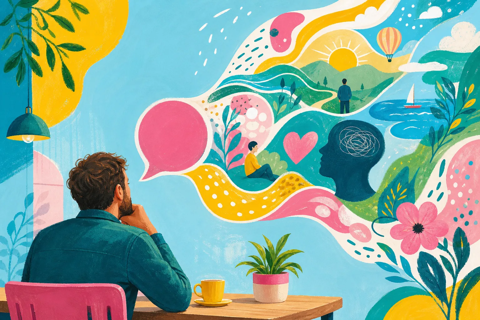 Illustration of an adult man seeing colourful visual associations emerge from a speech bubble