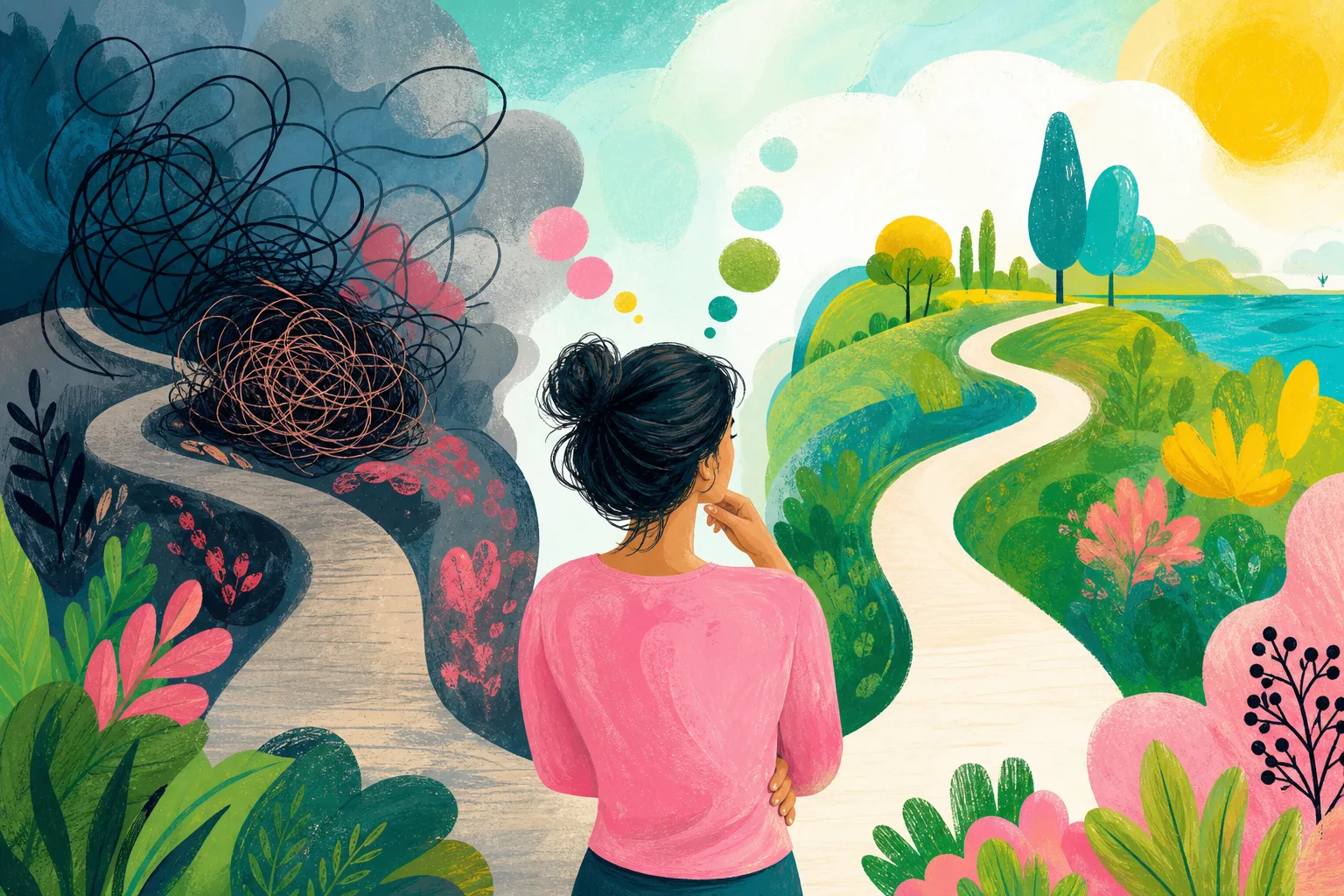 Illustration of an adult woman choosing a clearer, less stressful way to frame a habit