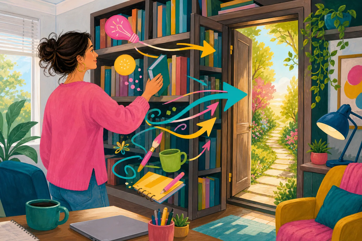 Hand-drawn illustration of a bookcase door representing a creative goal reached by an unexpected route.