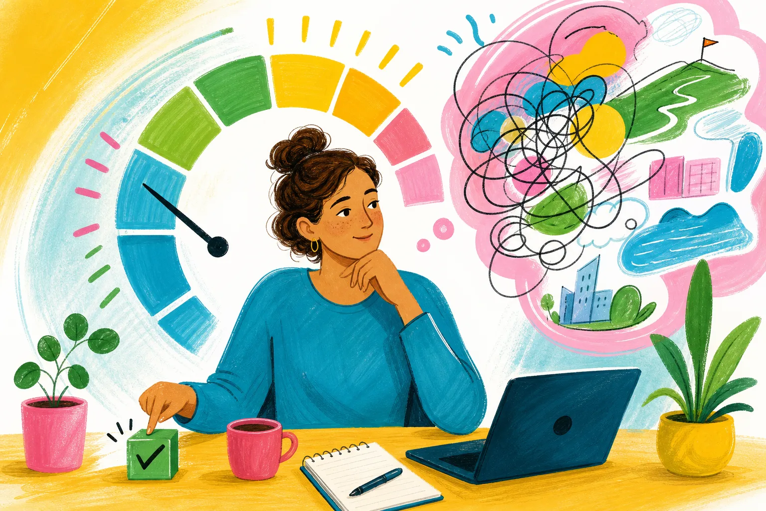 Colourful illustration of choosing a small task when the mind feels overloaded.