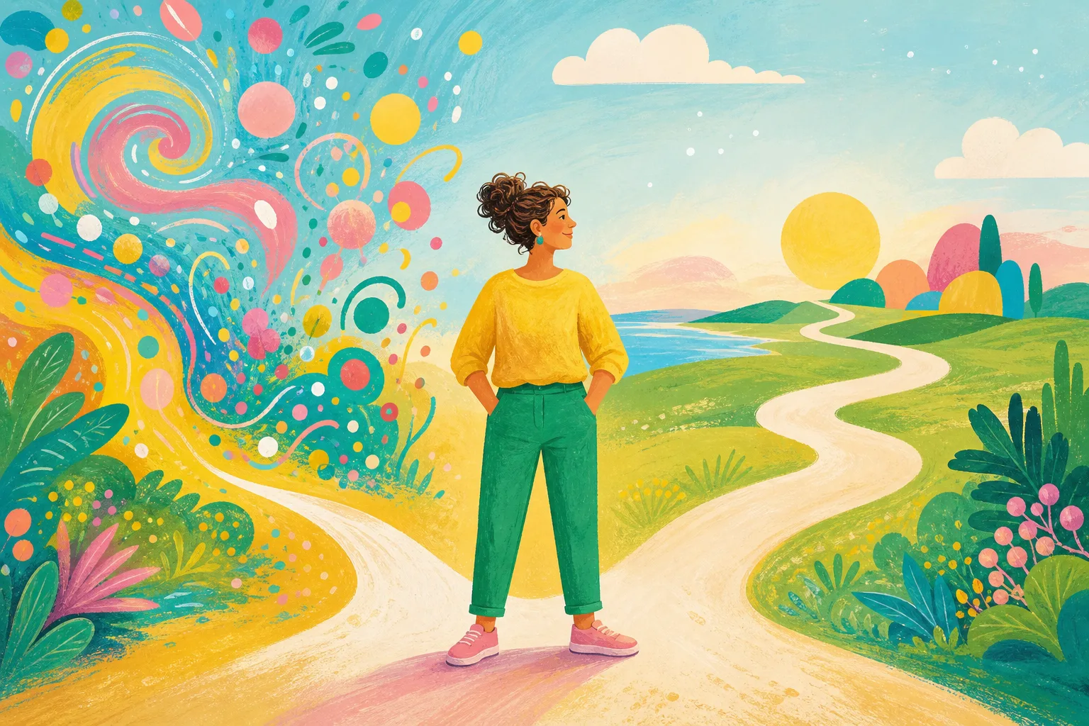 Hand-drawn colourful illustration of a person balancing time direction and stimulation.