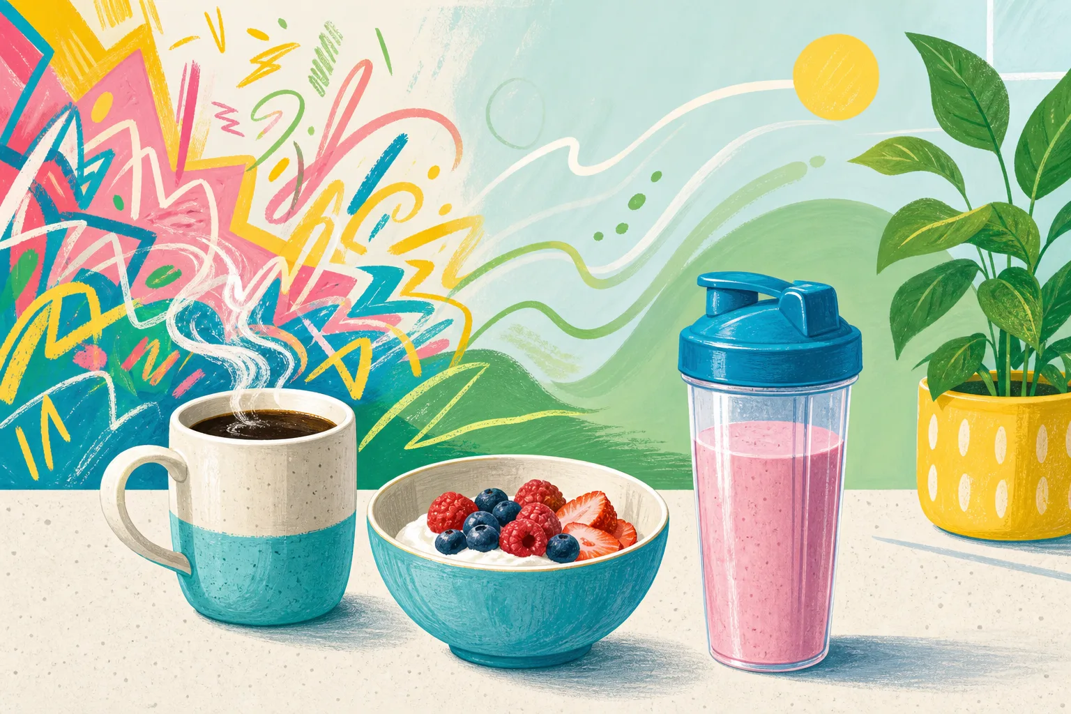 A decaf coffee, yoghurt bowl and protein shake with balanced colourful energy shapes