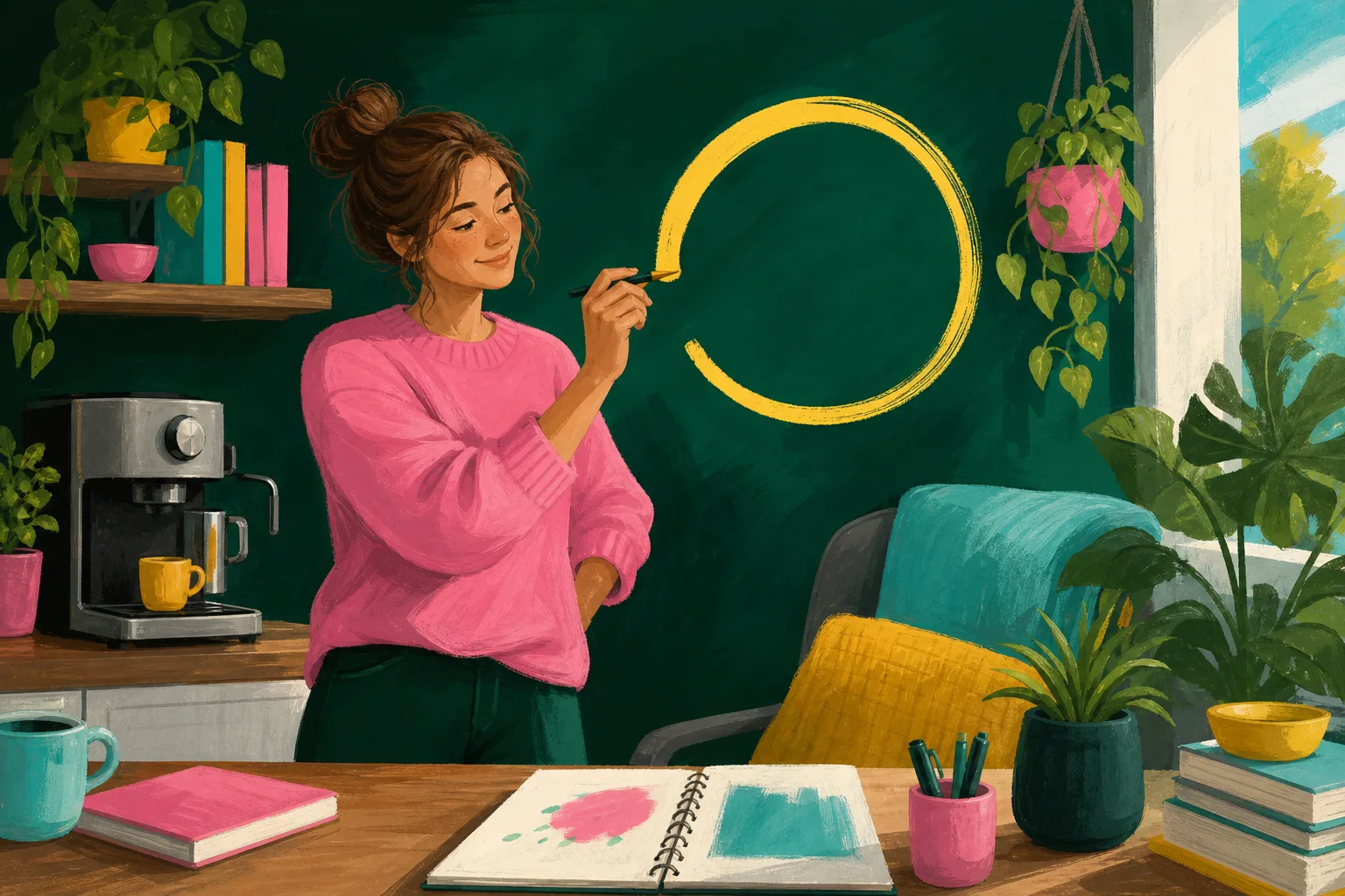 An adult woman accepting small imperfections in a cosy creative workspace