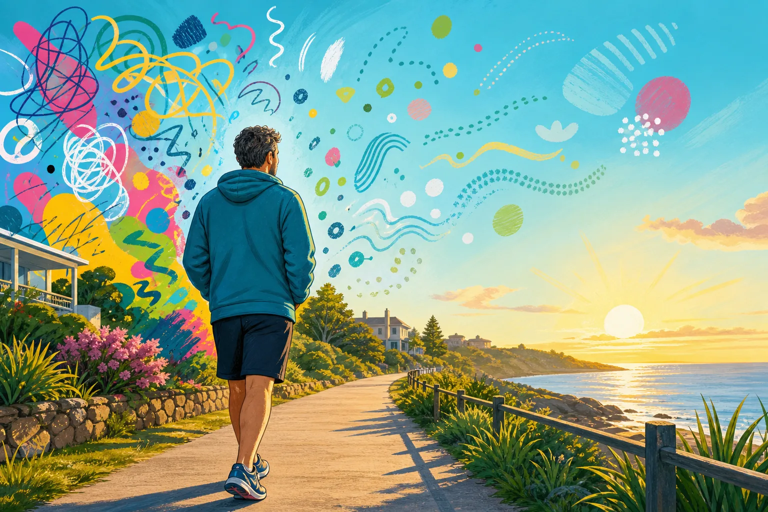 An adult man walking in the morning with colourful hand-drawn shapes settling around him