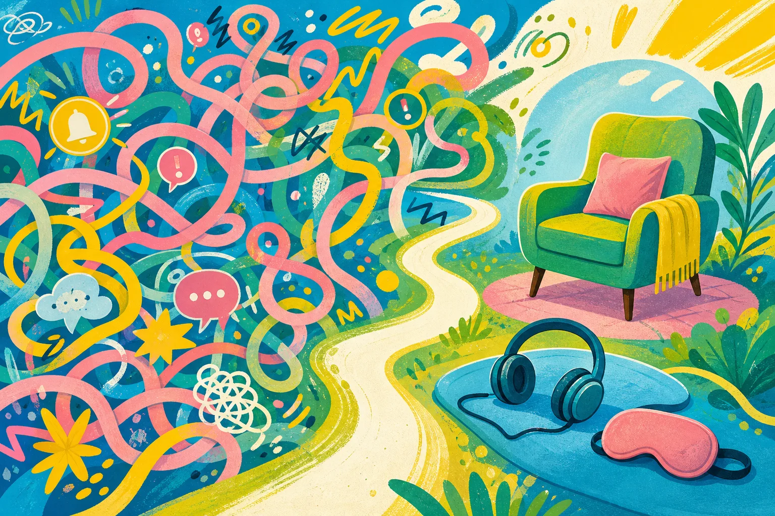 Abstract colourful maze of racing thoughts leading towards a quiet space