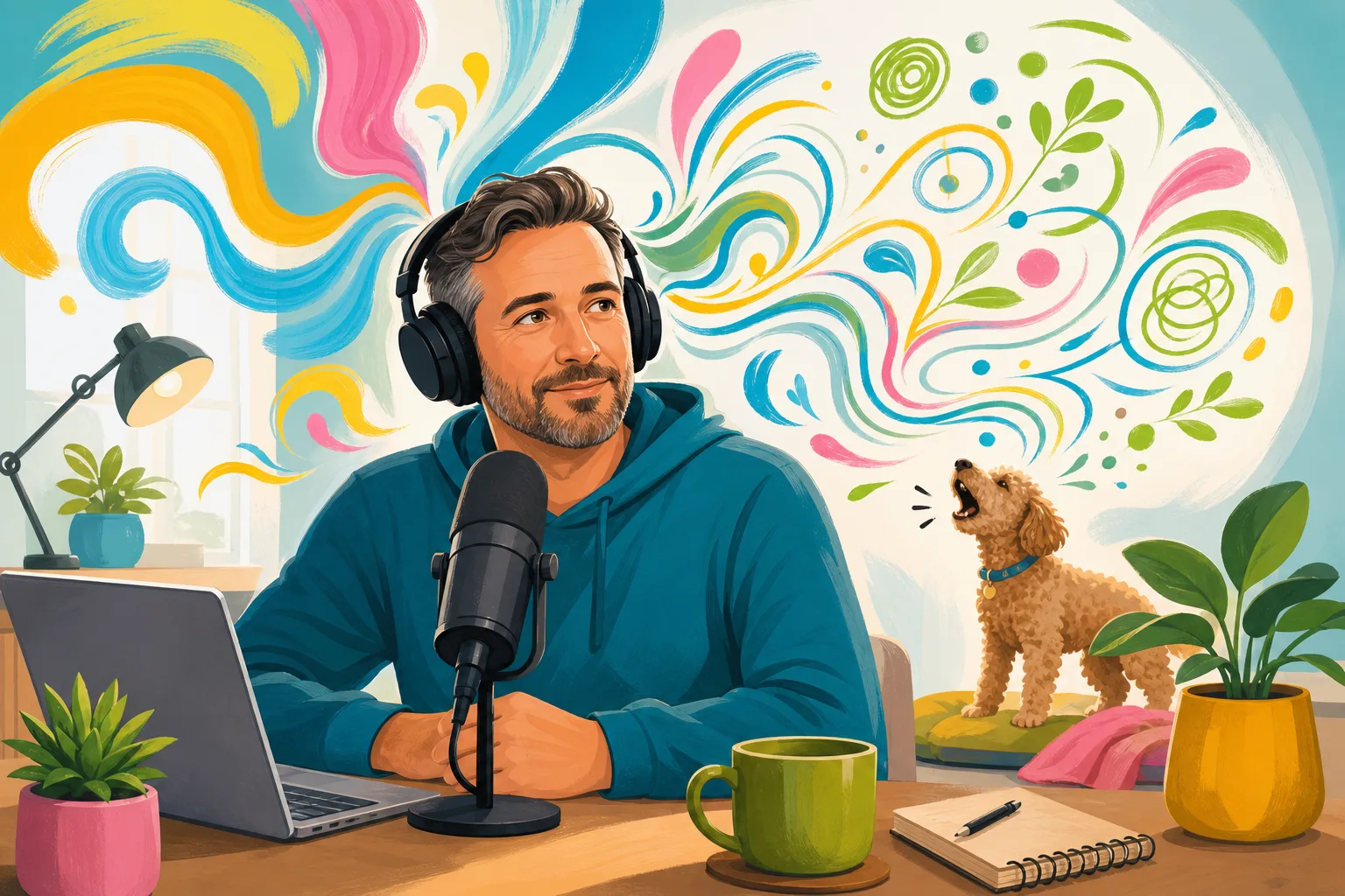Adult man calmly recording at home while a small dog barks in the background