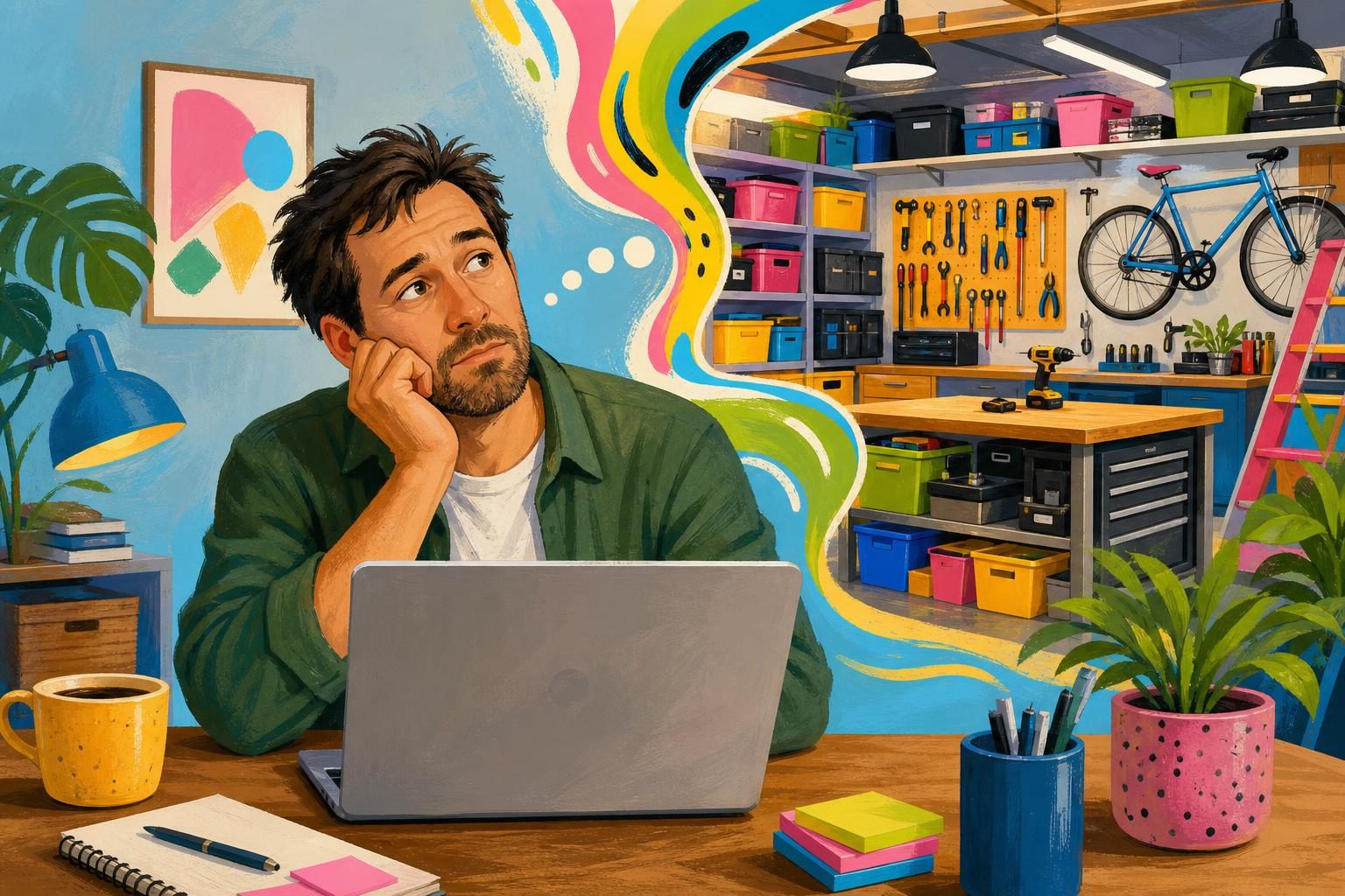 Illustration of an adult man stuck starting a boring spreadsheet while imagining an exciting garage project.