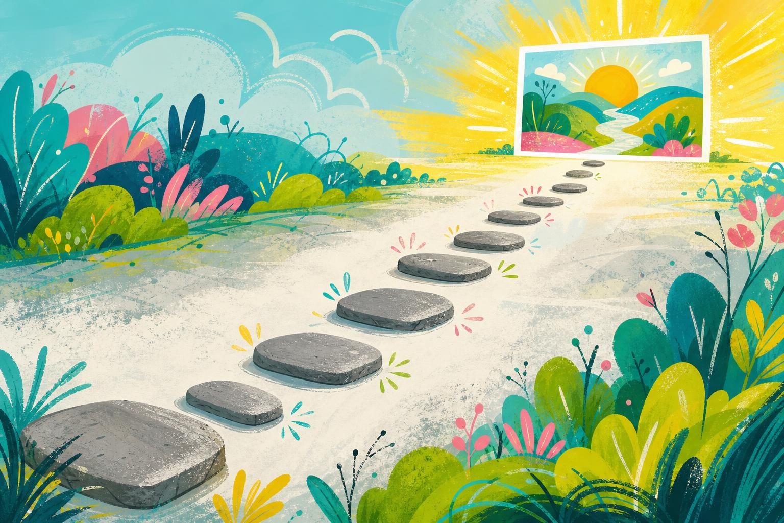 Visual metaphor for seeing the exciting finished project but struggling with the small steps in between.