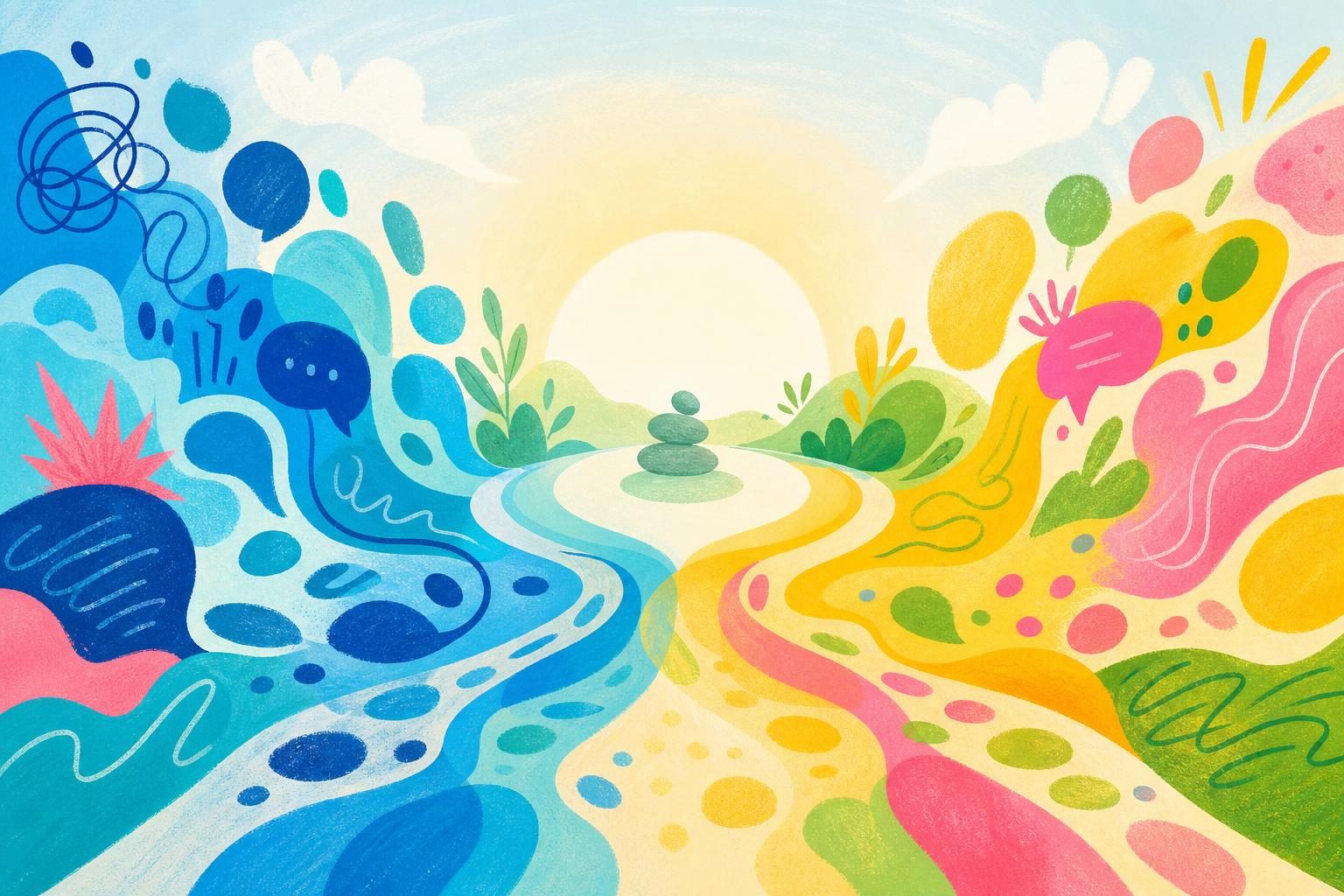 Abstract colourful pathways joining together to represent shared understanding in a conversation.