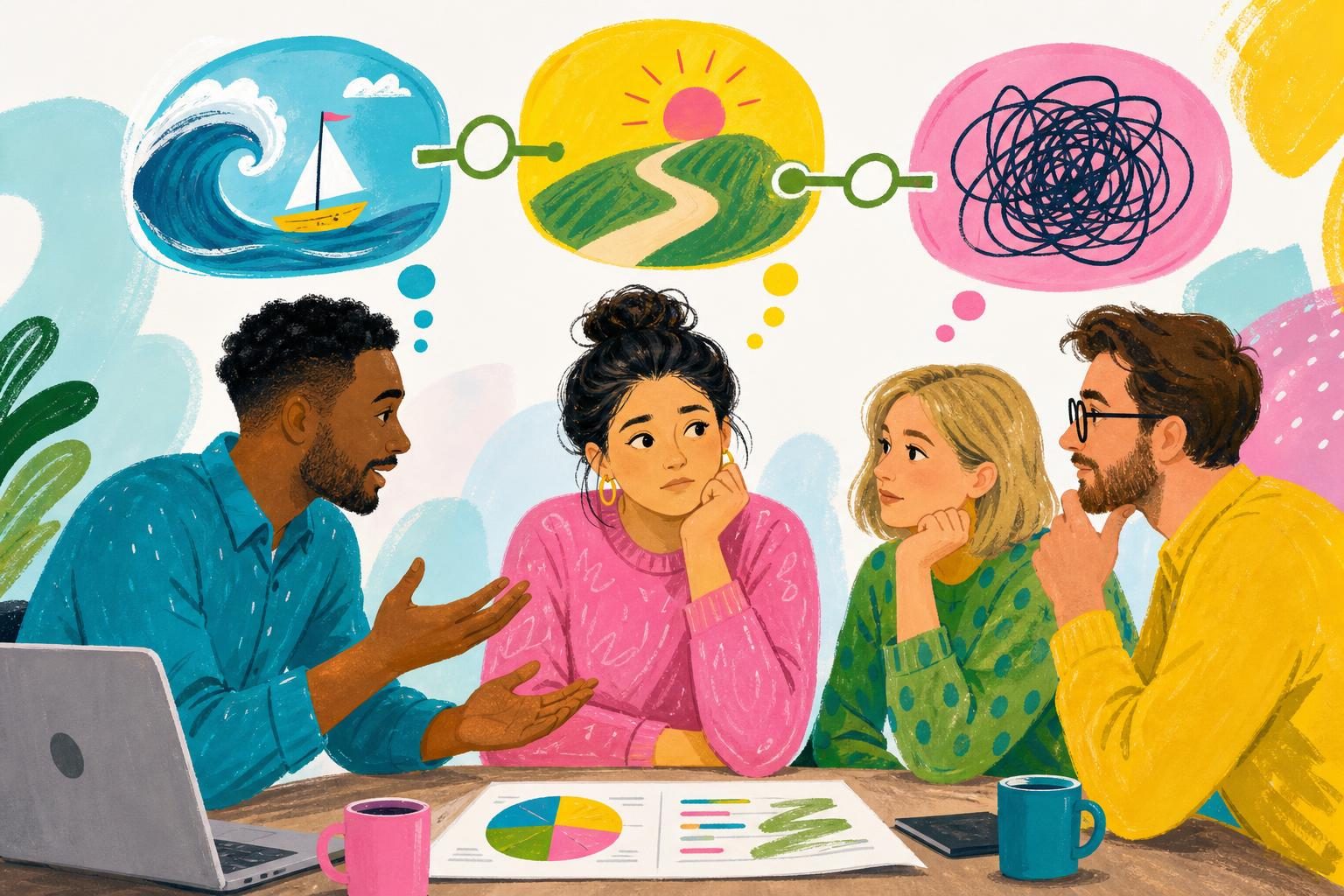 Illustration of colleagues working through a misunderstanding by sharing their perspectives.
