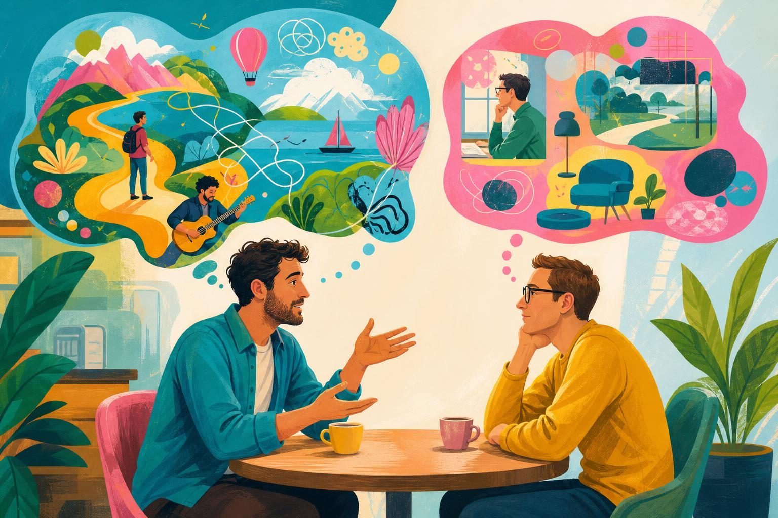 Illustration of two adults with different colourful visual thought worlds during a conversation.