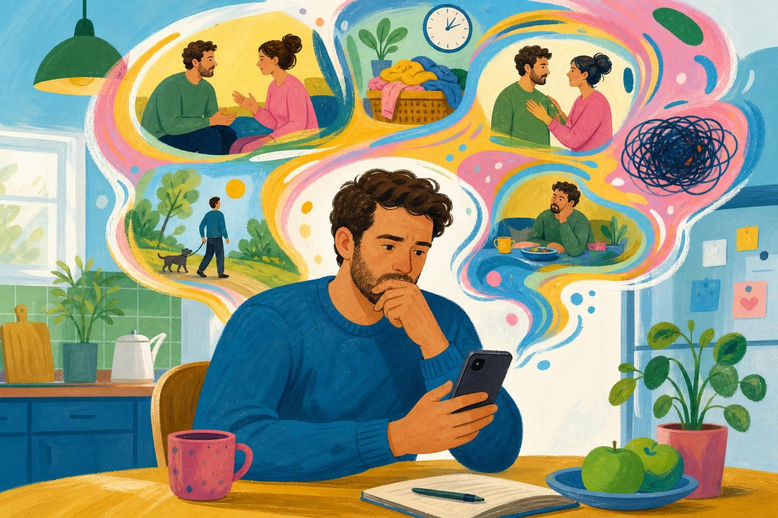 Adult man noticing a fast-moving spiral of imagined scenarios after reading a text