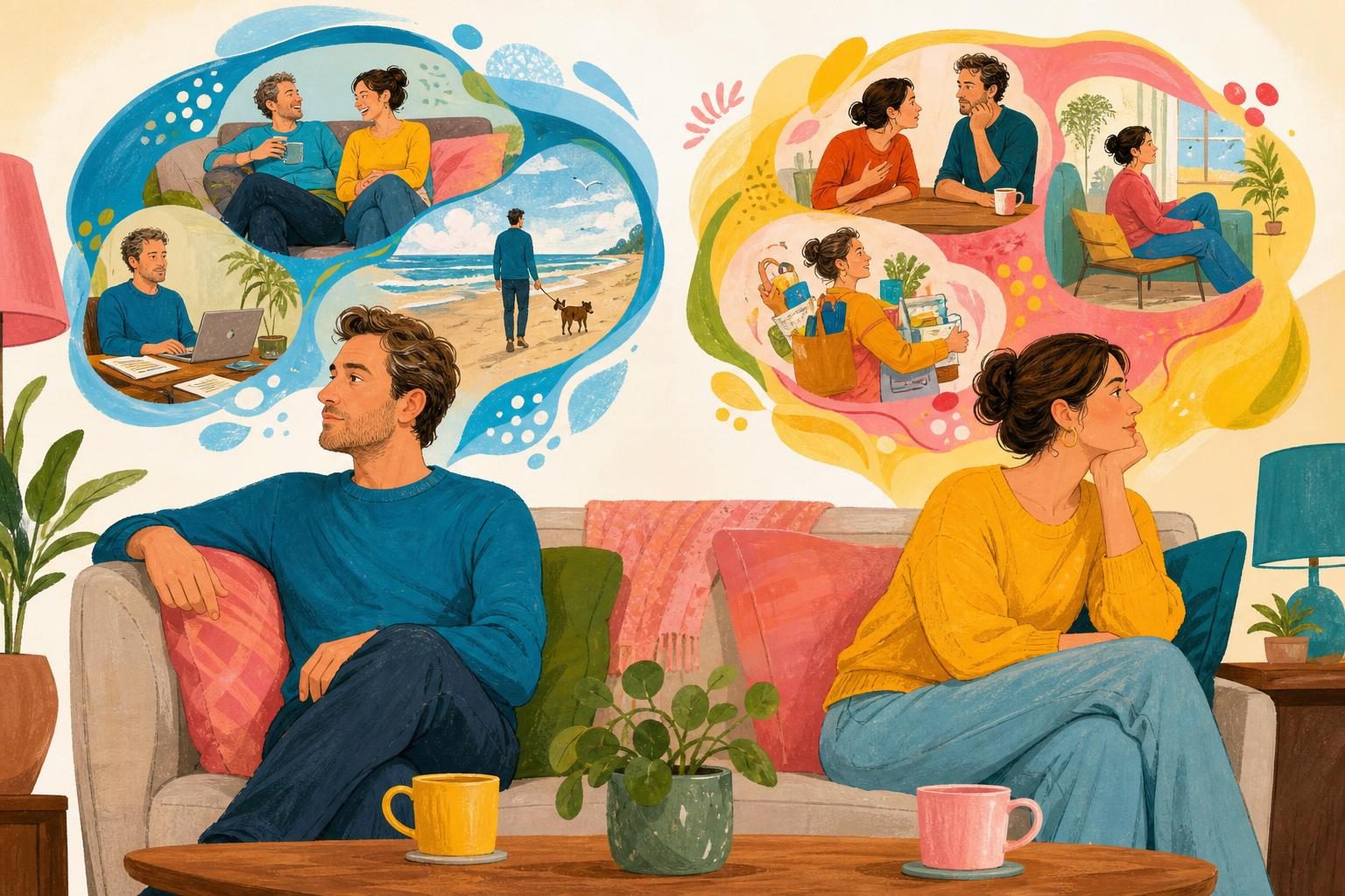 Adult couple on a sofa with two different visual memory scenes around them