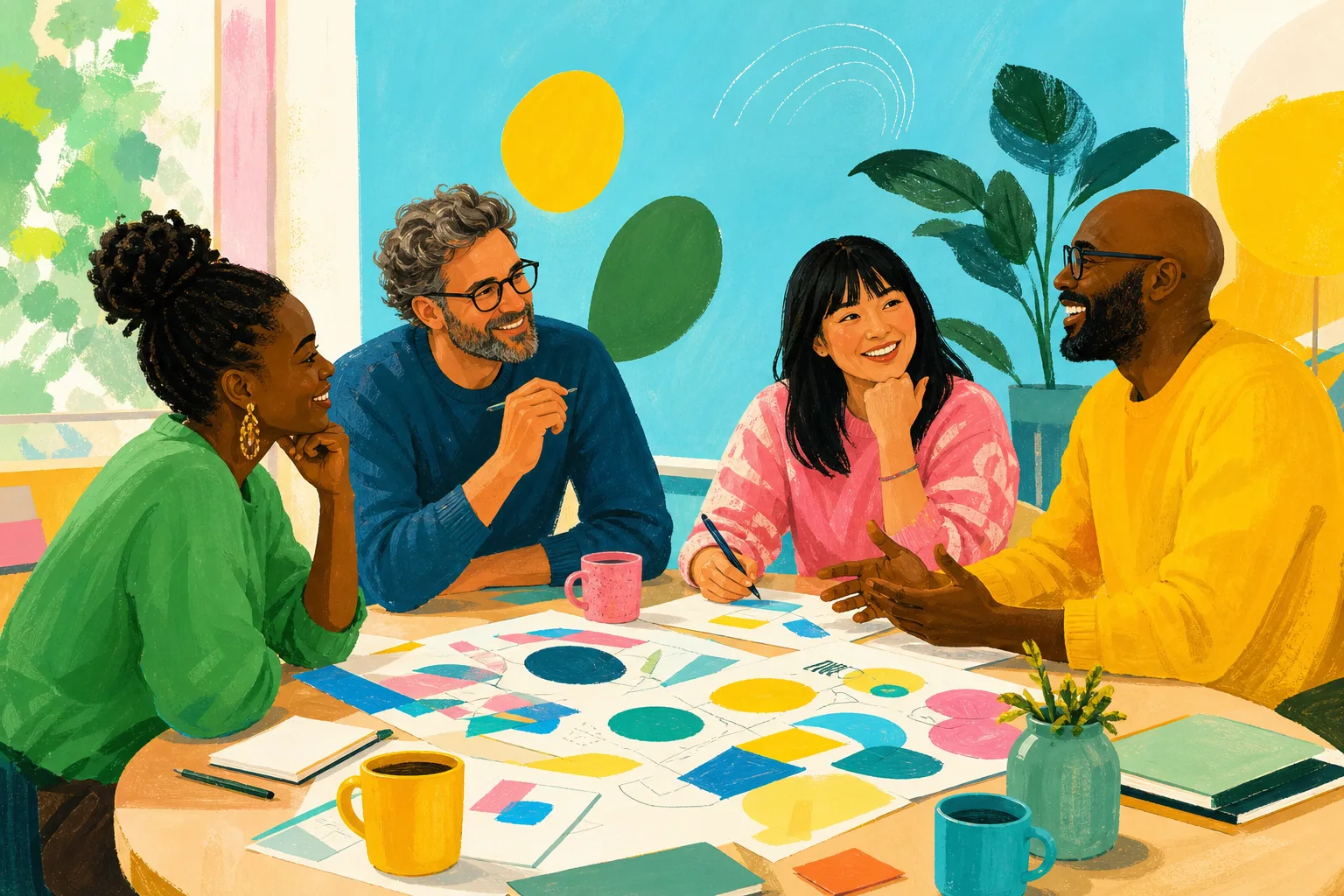 Adult friends sharing ideas and support around a table.