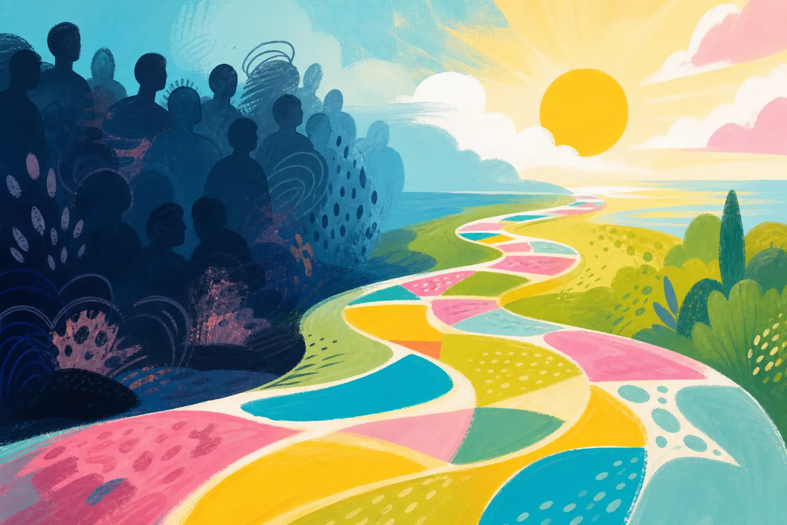 Colourful symbolic path moving away from imagined judgement.