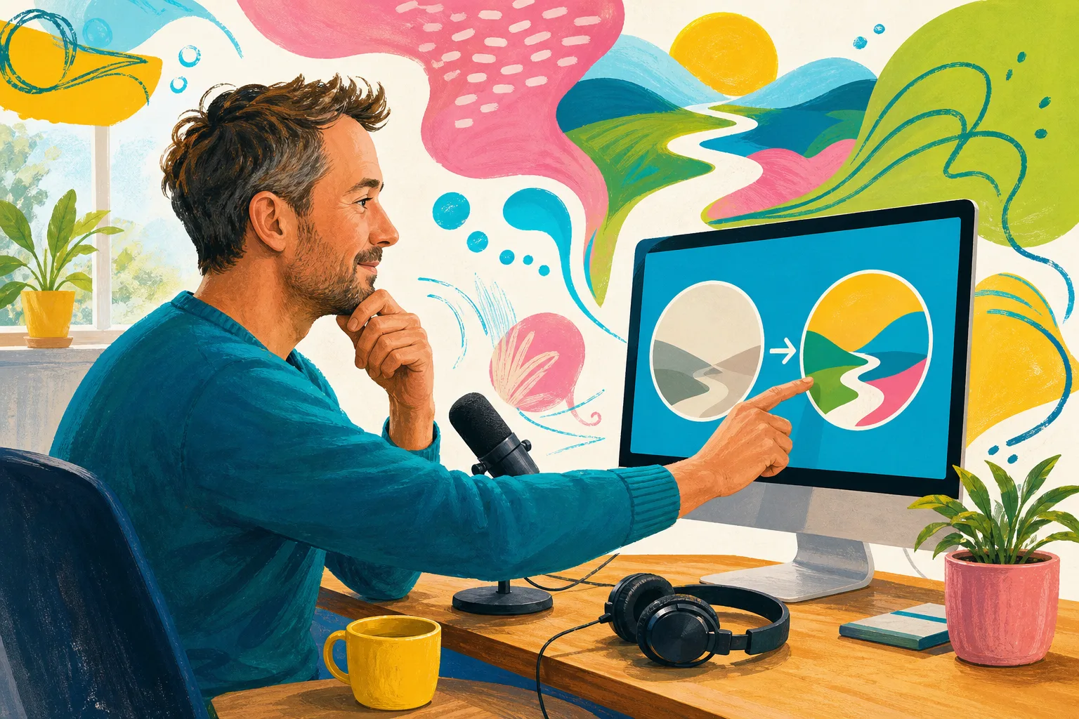 Adult man thoughtfully updating his podcast branding at a desk.