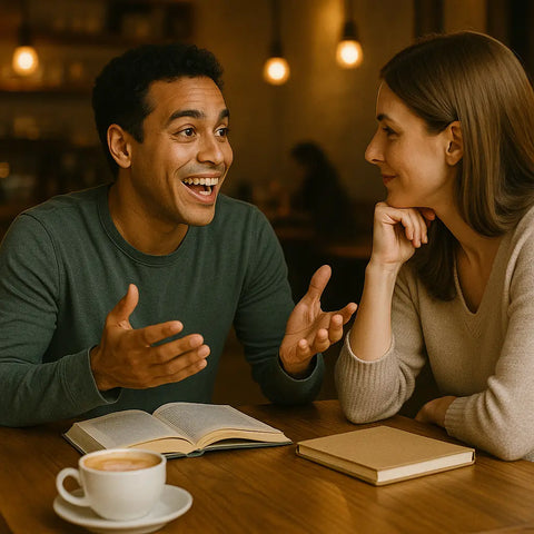 Partners having supportive conversation at coffee shop, demonstrating patience and understanding in dyslexic relationships