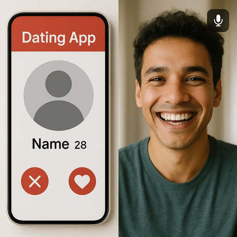 Dating app interface next to video call showing transition from online dating to personal connection for dyslexic individuals