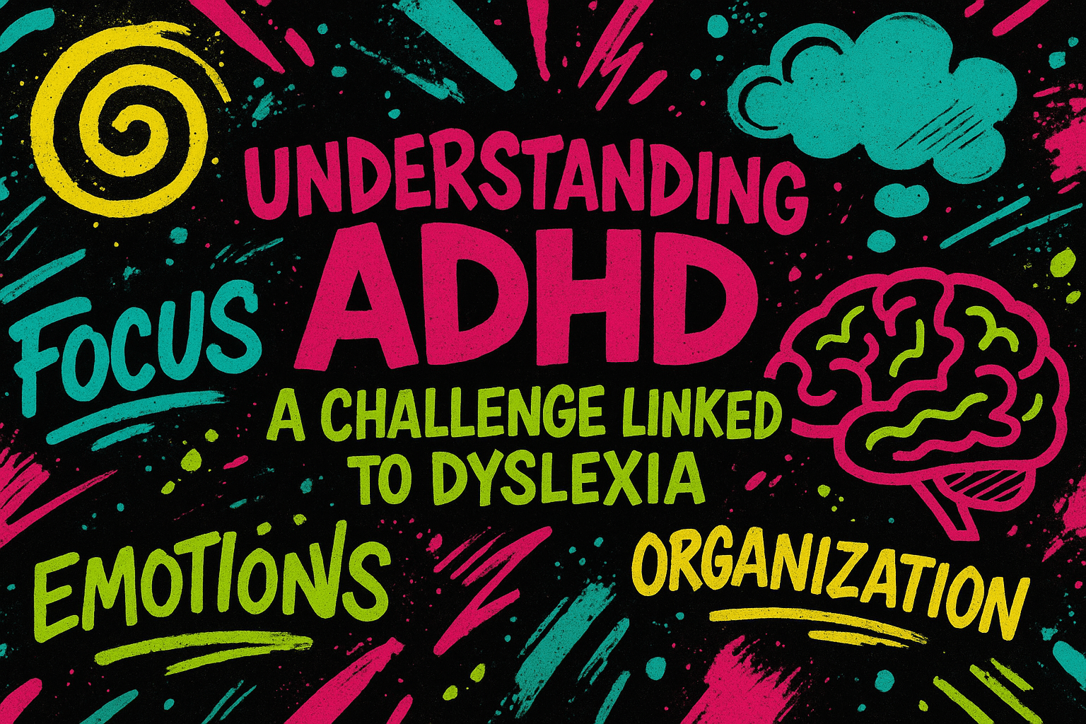 Educational diagram explaining how ADHD impacts attention, organisation, and learning, especially in individuals with dyslexia